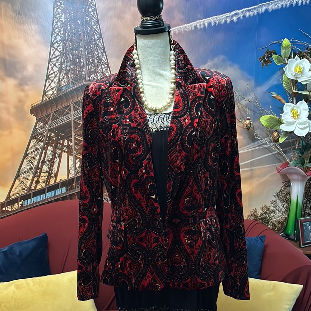 Tahari ASL Red and Black Paisley Blazer
